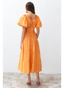 Trendyol Orange Waist Opening Gipe and Back Detailed Square Collar Woven Dress