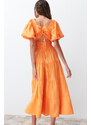 Trendyol Orange Waist Opening Gipe and Back Detailed Square Collar Woven Dress