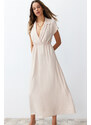 Trendyol Beige A-Line Double Breasted Neck Aerobin Woven Midi Dress