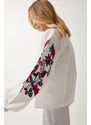 Happiness İstanbul Women's White Embroidered Buttoned Linen Blouse