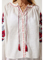 Happiness İstanbul Women's White Embroidered Buttoned Linen Blouse