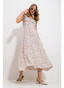 Trend Alaçatı Stili Women's Beige Square Neck Floral Pattern Woven Dress