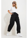Trend Alaçatı Stili Women's Black Waist And Leg Elastic Pocket Cargo Jogger Trousers