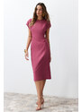 Trendyol Dried Rose Body Wrap Low Sleeve Crew Neck Woven Midi Dress