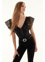 Trendyol Black Woven Garnish Attached Flexible Snaps Knitted Bodysuit