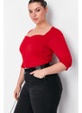 Trendyol Curve Red Heart Neck Fitted Knitted Blouse