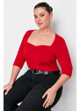 Trendyol Curve Red Heart Neck Fitted Knitted Blouse