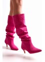 Shoeberry Women's Pia Fuchsia Suede Gathered Heel Boots Fuchsia Suede