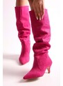 Shoeberry Women's Pia Fuchsia Suede Gathered Heel Boots Fuchsia Suede