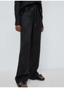 Kalhoty s příměsí lnu BOSS černá barva, high waist