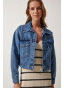 Happiness İstanbul Women's Blue Pocket Jean Jacket