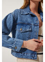 Happiness İstanbul Women's Blue Pocket Jean Jacket