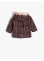 Koton Baby Girl Collar Shearling Coat, Plaid Hooded, Baby Girl Collar Shearling Coat, Plaid Hooded