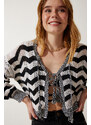 Happiness İstanbul Women's Cream Black Striped Openwork Seasonal Knitwear Cardigan