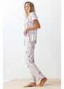 Trendyol Ecru-Multi Color 100% Cotton Floral Ruffle Detail Knitted Pajamas Set