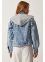 Happiness İstanbul Women's Light Blue Hooded Buttoned Denim Jacket