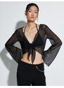 Koton Tulle Crop Blouse Tie Front Long Wide Sleeve