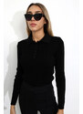 Laluvia Black Polo Neck Buttoned Corduroy Knitted Blouse