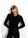 Laluvia Black Polo Neck Buttoned Corduroy Knitted Blouse