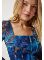 Happiness İstanbul Women's Blue Patterned Crop Chiffon Blouse