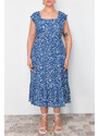 Trendyol Curve Navy Blue A-Line Midi Ruffled Floral Pattern Woven Dress