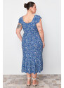 Trendyol Curve Navy Blue A-Line Midi Ruffled Floral Pattern Woven Dress