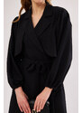 armonika Women's Black Ennea Trench Coat Sleeves Pleated Belted Cuff Laced Detail