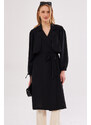 armonika Women's Black Ennea Trench Coat Sleeves Pleated Belted Cuff Laced Detail