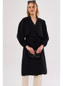 armonika Women's Black Ennea Trench Coat Sleeves Pleated Belted Cuff Laced Detail