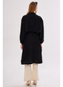 armonika Women's Black Ennea Trench Coat Sleeves Pleated Belted Cuff Laced Detail