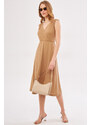 armonika Women's Beige Elastic Waist And Shoulder Elastic Skirt Lined Double Breasted Neck Midi Length Dress