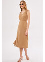armonika Women's Beige Elastic Waist And Shoulder Elastic Skirt Lined Double Breasted Neck Midi Length Dress