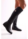 Shoeberry Women's Meroni Black Buckle Boots with Black Skin.