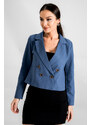 armonika Women's Dark Blue Double Breasted Collar Gabardine Crop Jacket