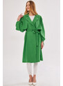 armonika Women's Green Ennea Trench Coat Sleeves Pleated Belted Cuff Laced Detail