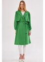 armonika Women's Green Ennea Trench Coat Sleeves Pleated Belted Cuff Laced Detail