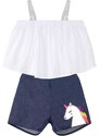 Denokids Colorful Tasseled Unicorn Girl Blouse Denim Shorts Set