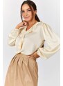 armonika Women's Cream Collar Ruffled Shoulder Gathered Sleeve Elastic Cotton Satin Blouse