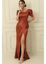 By Saygı Square Neck Watermelon Long Sleeve Draped Satin Long Pencil Dress