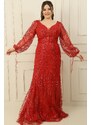 By Saygı Front Back V-Neck Glittery Flock Print Plus Size Long Dress