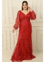 By Saygı Front Back V-Neck Glittery Flock Print Plus Size Long Dress