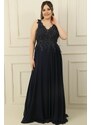 By Saygı Front Back V-Neck Top Beaded Lined Plus Size Long Chiffon Dress