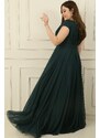 By Saygı Double Breasted Neck Lined Nail Sleeve Full Circle Flared Chiffon Tulle Plus Size Long Dress