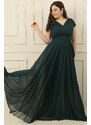 By Saygı Double Breasted Neck Lined Nail Sleeve Full Circle Flared Chiffon Tulle Plus Size Long Dress