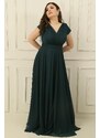 By Saygı Double Breasted Neck Lined Nail Sleeve Full Circle Flared Chiffon Tulle Plus Size Long Dress