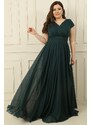 By Saygı Double Breasted Neck Lined Nail Sleeve Full Circle Flared Chiffon Tulle Plus Size Long Dress