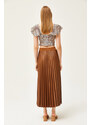 Olalook Milk Brown Leather Look A-Line Pleat Skirt