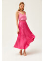 Olalook A-Line Pleated Skirt With Fuchsia Leather Look