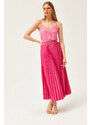 Olalook A-Line Pleated Skirt With Fuchsia Leather Look