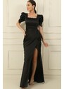 By Saygı Square Neck Watermelon Long Sleeve Draped Satin Long Pencil Dress